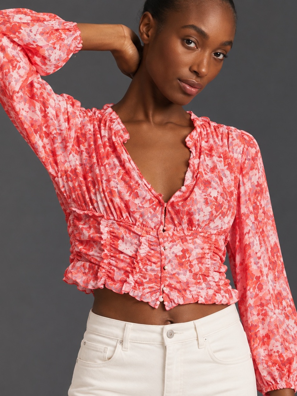 ANTHROPOLOGIE Coral Pink Floral Ruffle Button Blouse